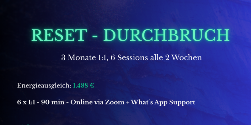 1:1 Online Mentoring

RESET - DURCHBRUCH 

Ziel: 
Primäre Blockaden lösen, alte Muster entkoppeln. Dich aus dem Stillstand in echte Bewegung bringen.

Klarheit. Konsequenz. Umsetzung.
Entscheidungen treffen. Richtung festziehen.